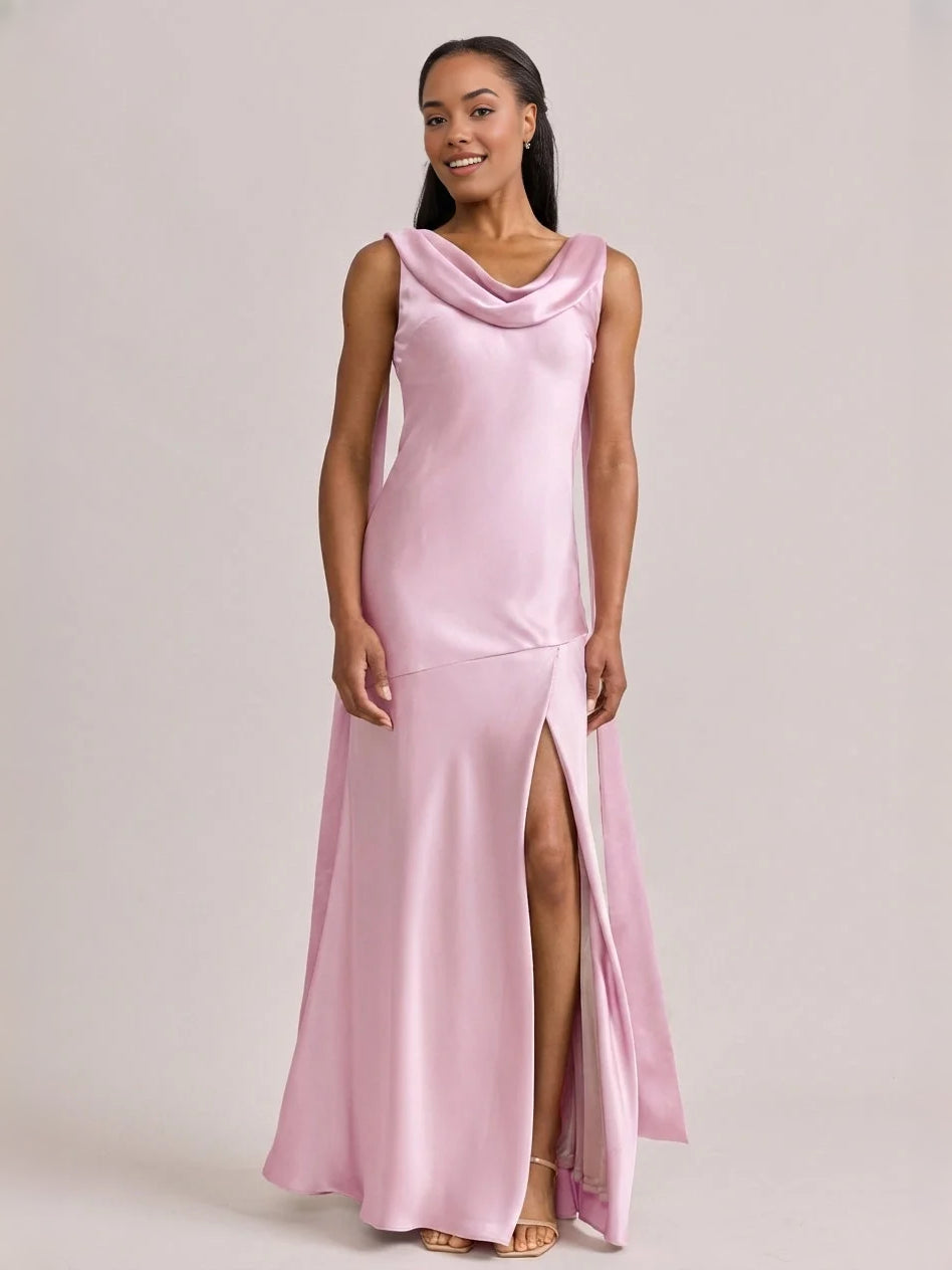 Pink maxi bridesmaid dress, front view showing the mermaid silhouette