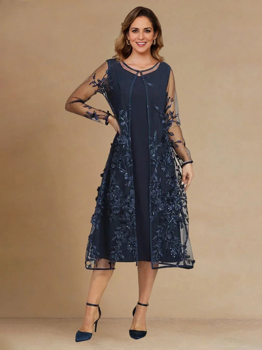 Dark Blue knee-length mother of the bride dress, front view showing the a-line silhouette