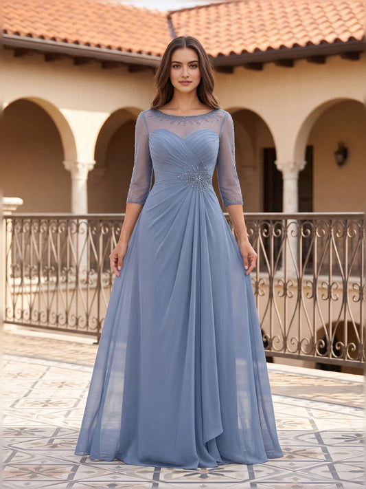 Dusty Blue floor-length mother of the bride dress, front view showing the a-line silhouette