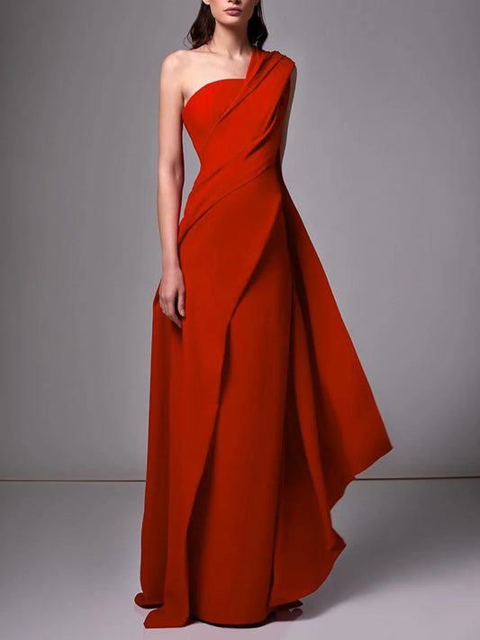 Red a-line floor-length formal dress with one-shoulder neckline, full-length front view
