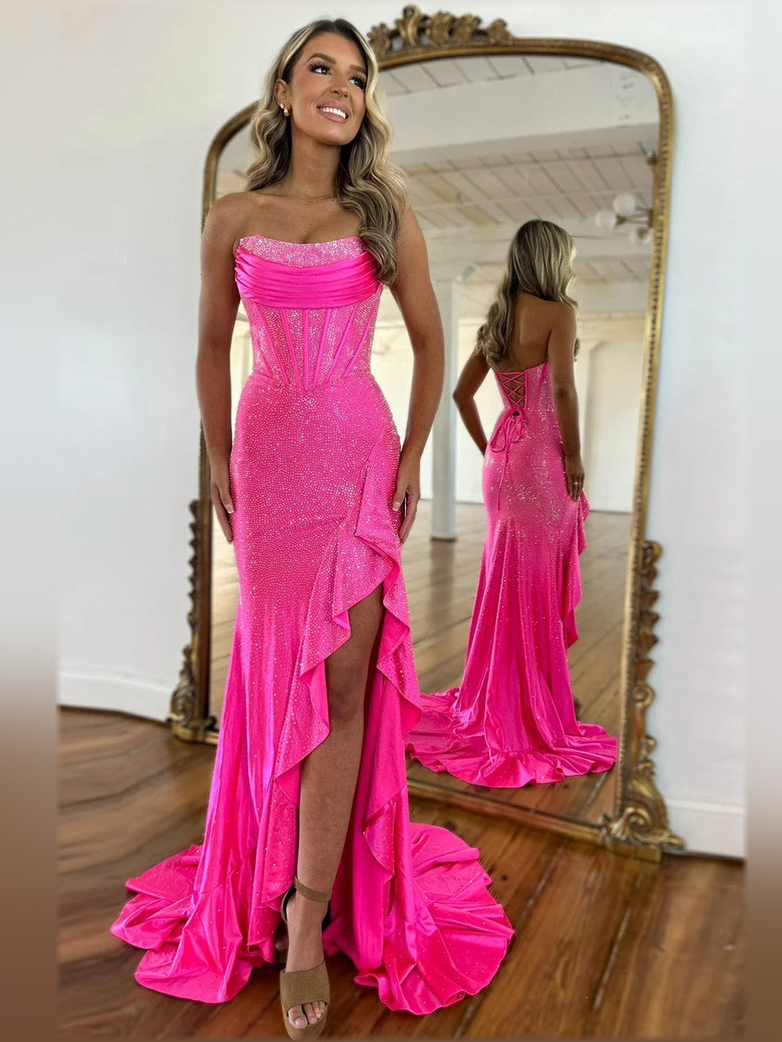 Hot Pink mermaid floor-length formal dress with strapless neckline, full-length front view
