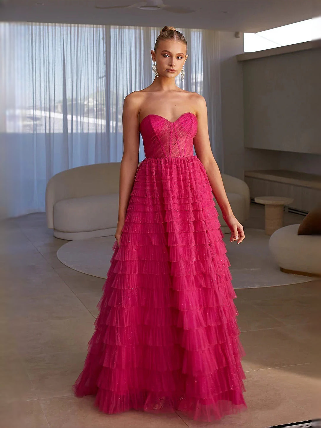 Hot Pink maxi prom dress, front view showing the a-line silhouette