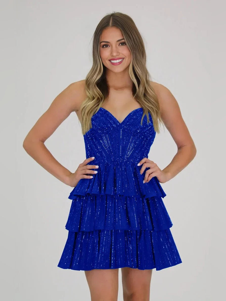 Royal Blue mini homecoming dress, alternate view showing the full-length silhouette