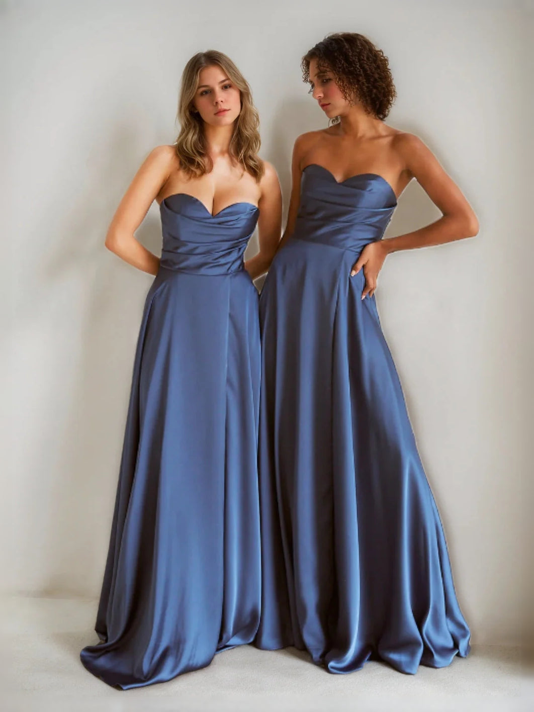 Dark Blue floor-length bridesmaid dress, front view showing the a-line silhouette