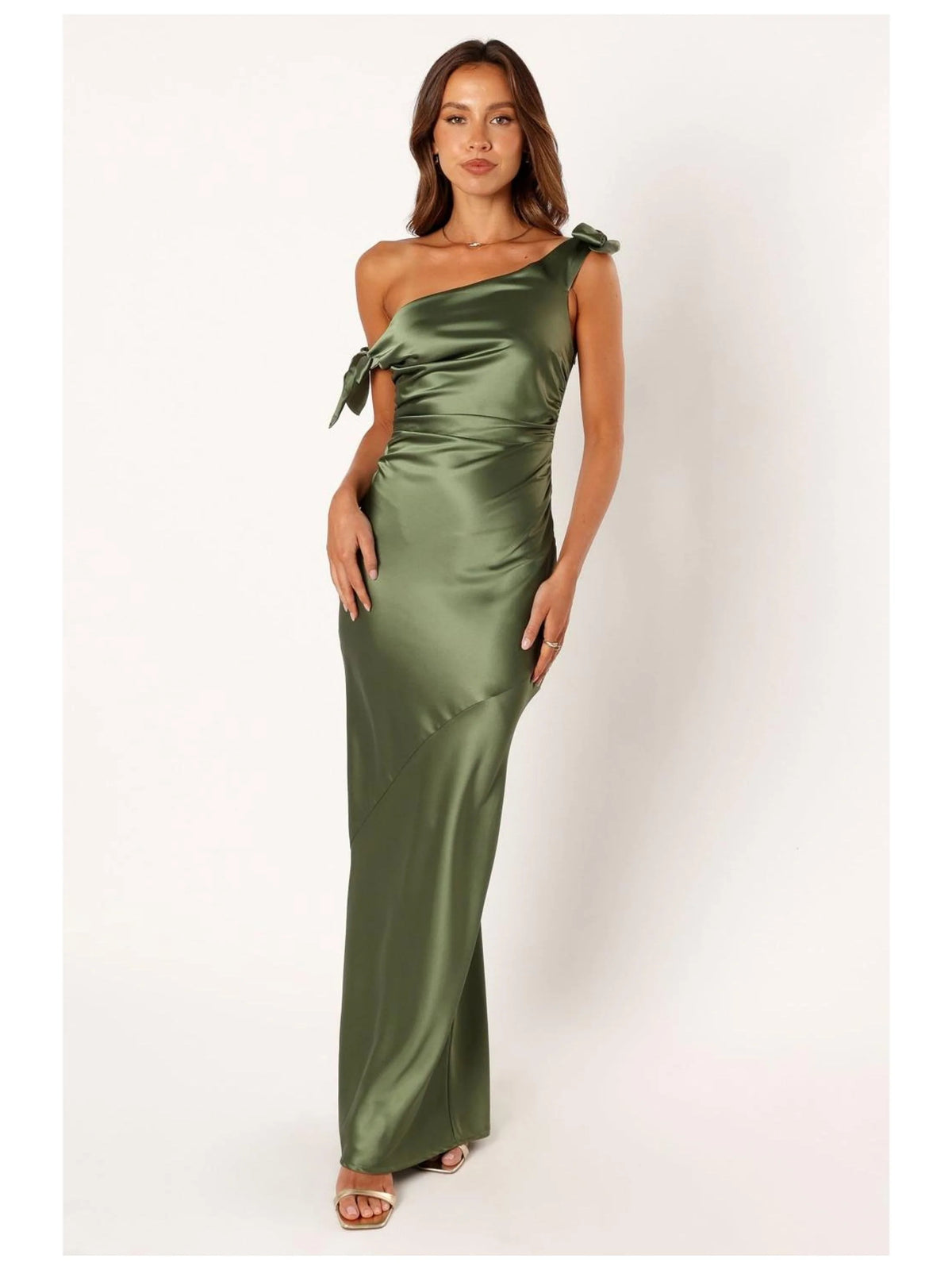 Sage Green mermaid floor-length formal dress with one-shoulder neckline, full-length front view