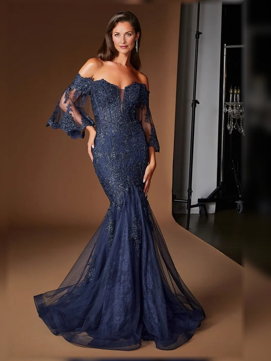 Dark Blue floor-length mother of the bride dress, front view showing the mermaid silhouette