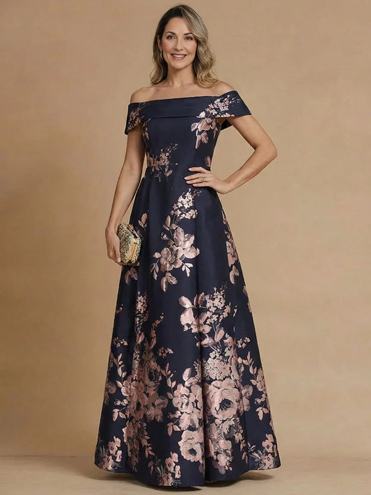 Navy Blue floor-length mother of the bride dress, front view showing the a-line silhouette