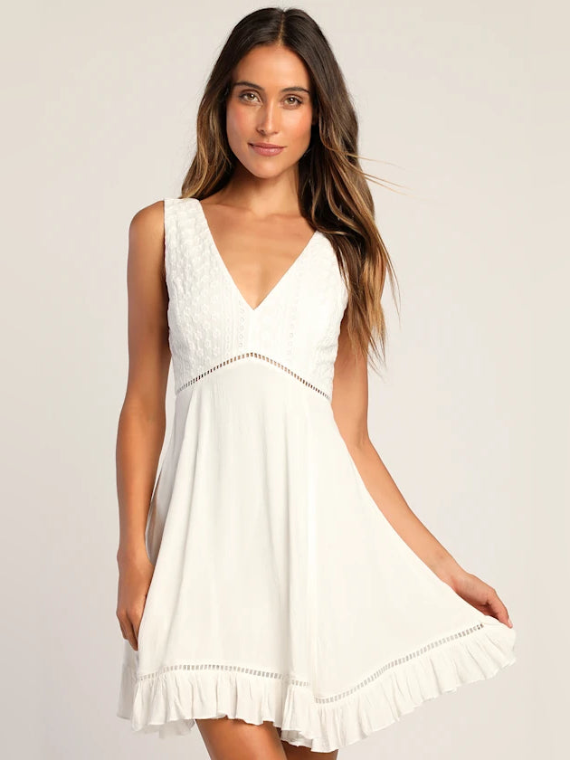 White mini homecoming dress, front view showing the silhouette