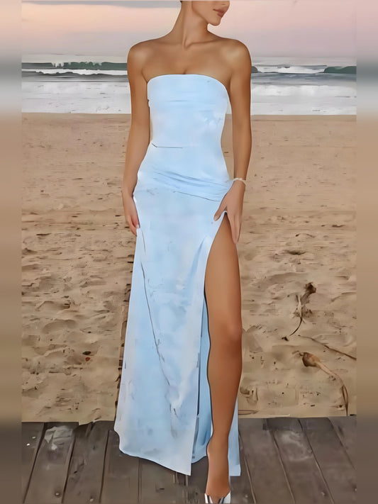 Sky Blue a-line floor-length formal dress with off-the-shoulder neckline, full-length front view