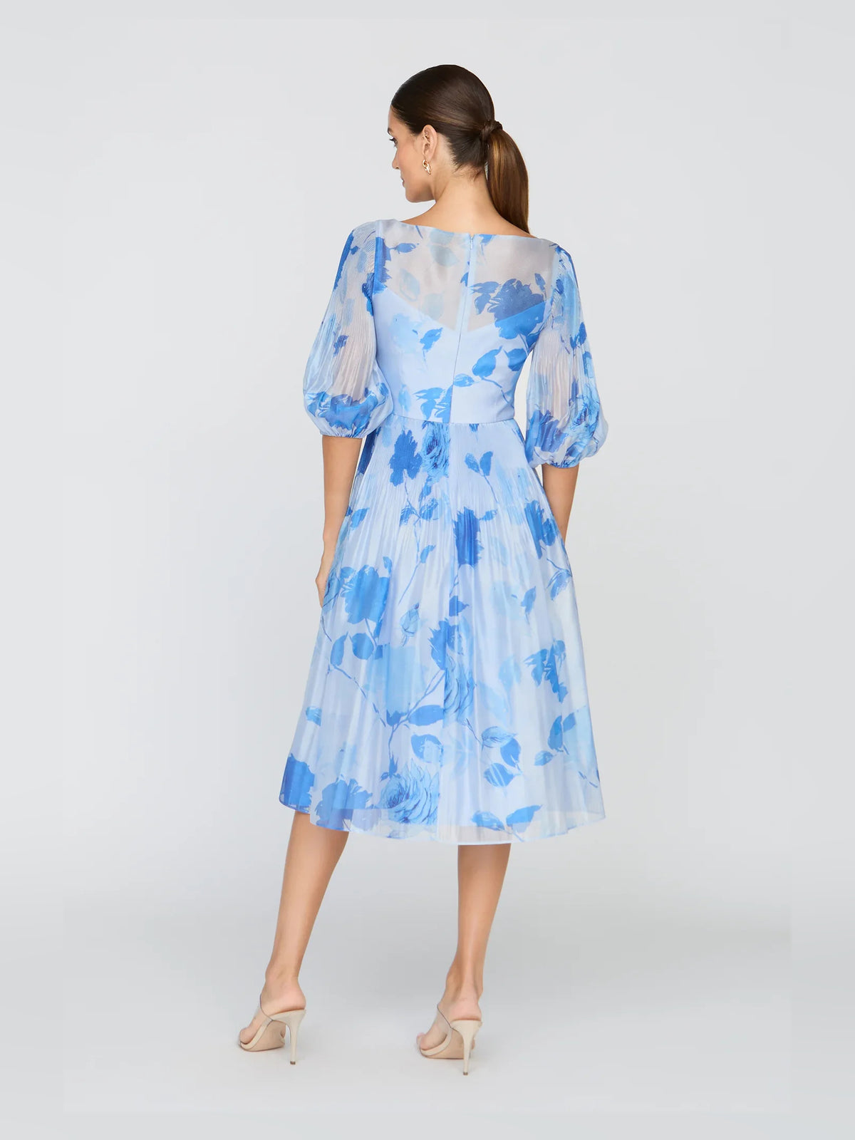 Blue tea-length prom dress, front view showing the a-line silhouette