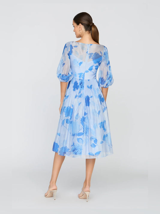 Blue tea-length prom dress, front view showing the a-line silhouette