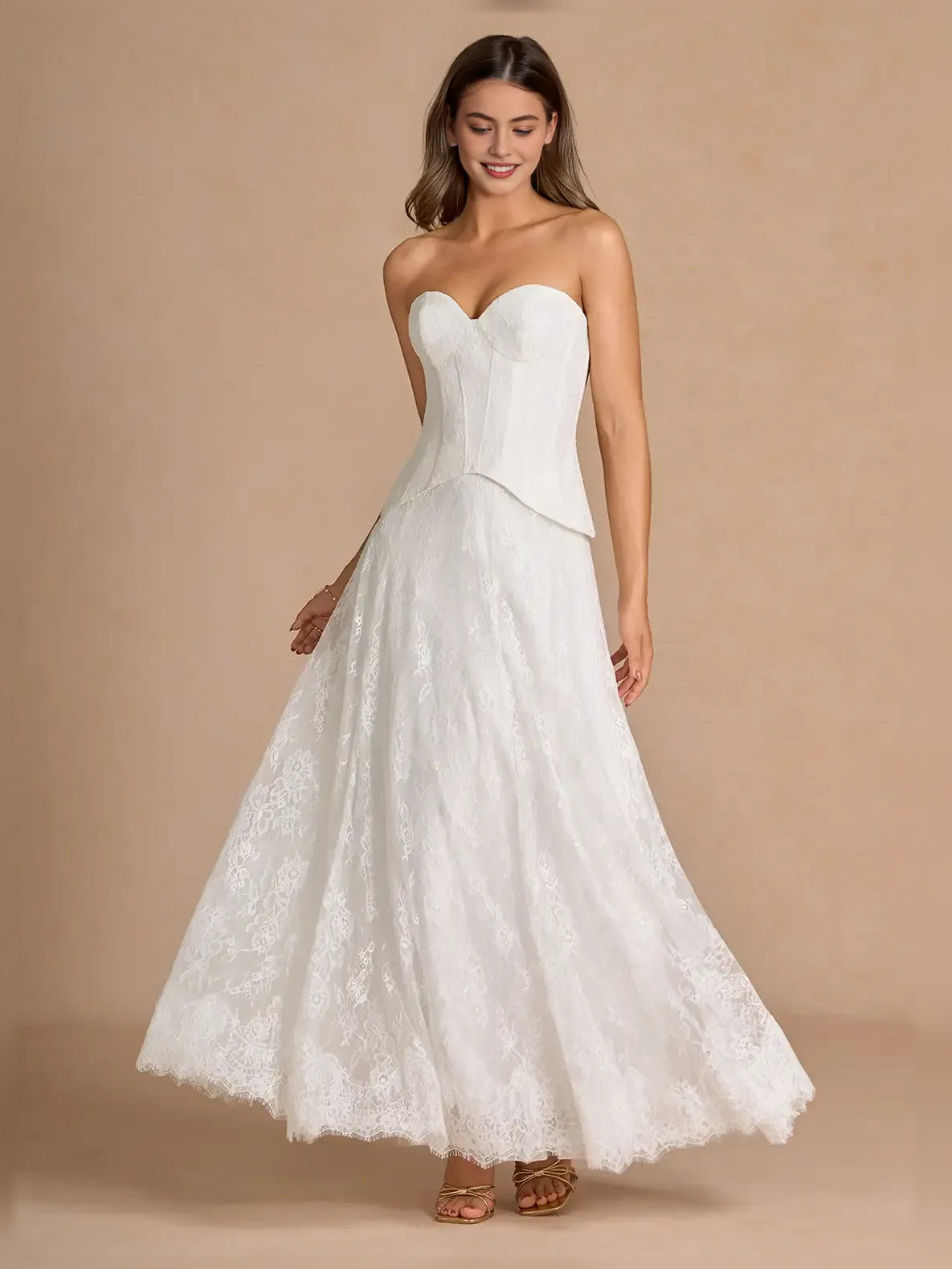 White column floor-length formal dress with sweetheart neckline, full-length front view