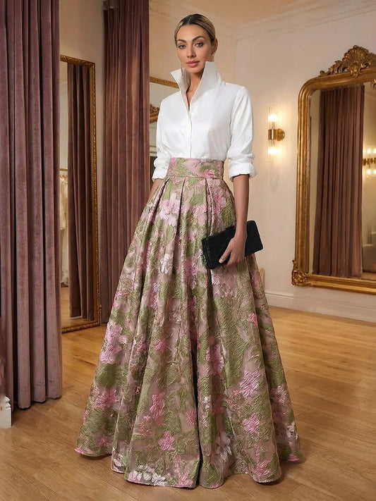 Pink&Green floor-length mother of the bride dress, front view showing the a-line silhouette