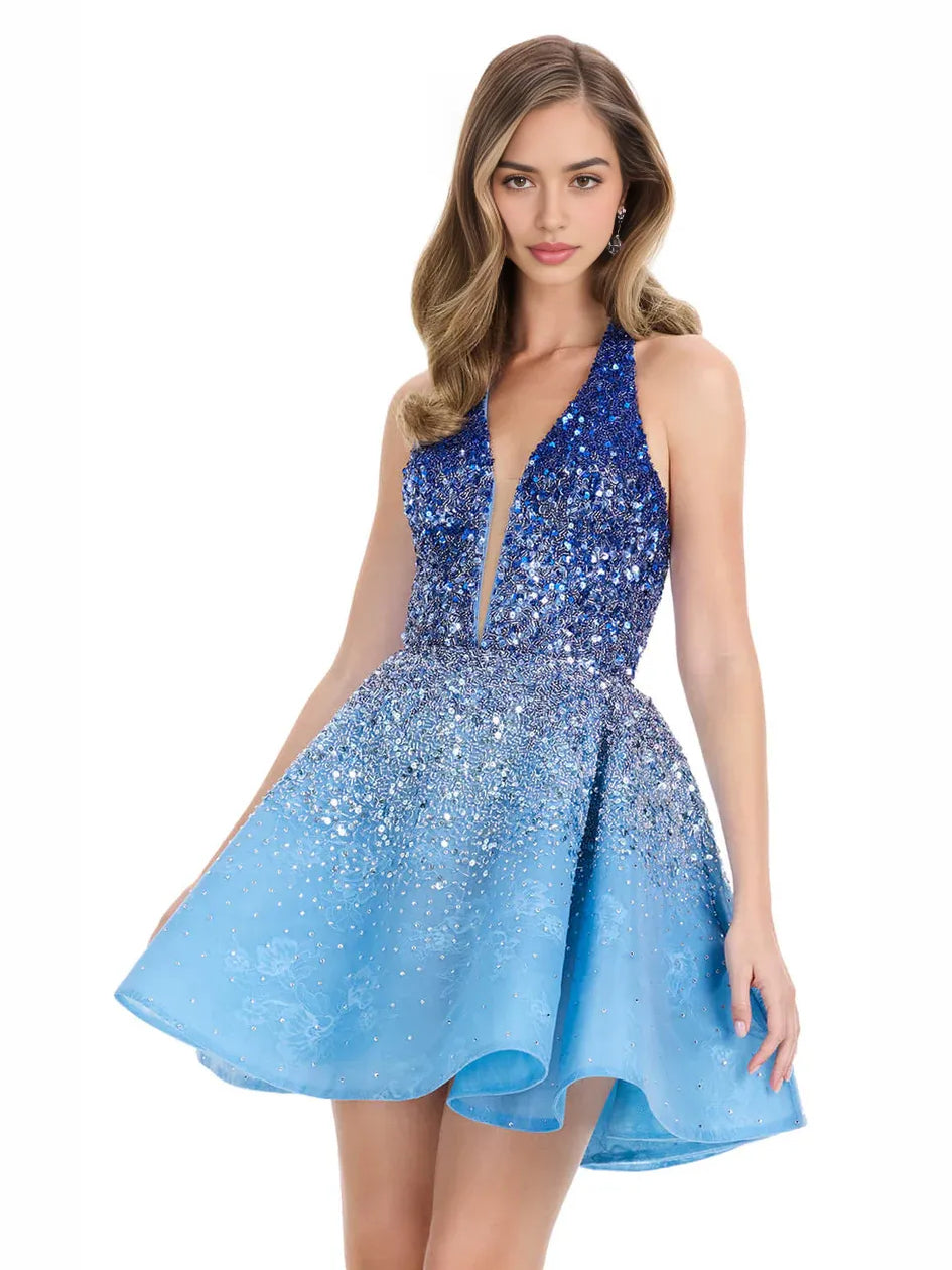 Blue mini homecoming dress, alternate view showing the full-length silhouette
