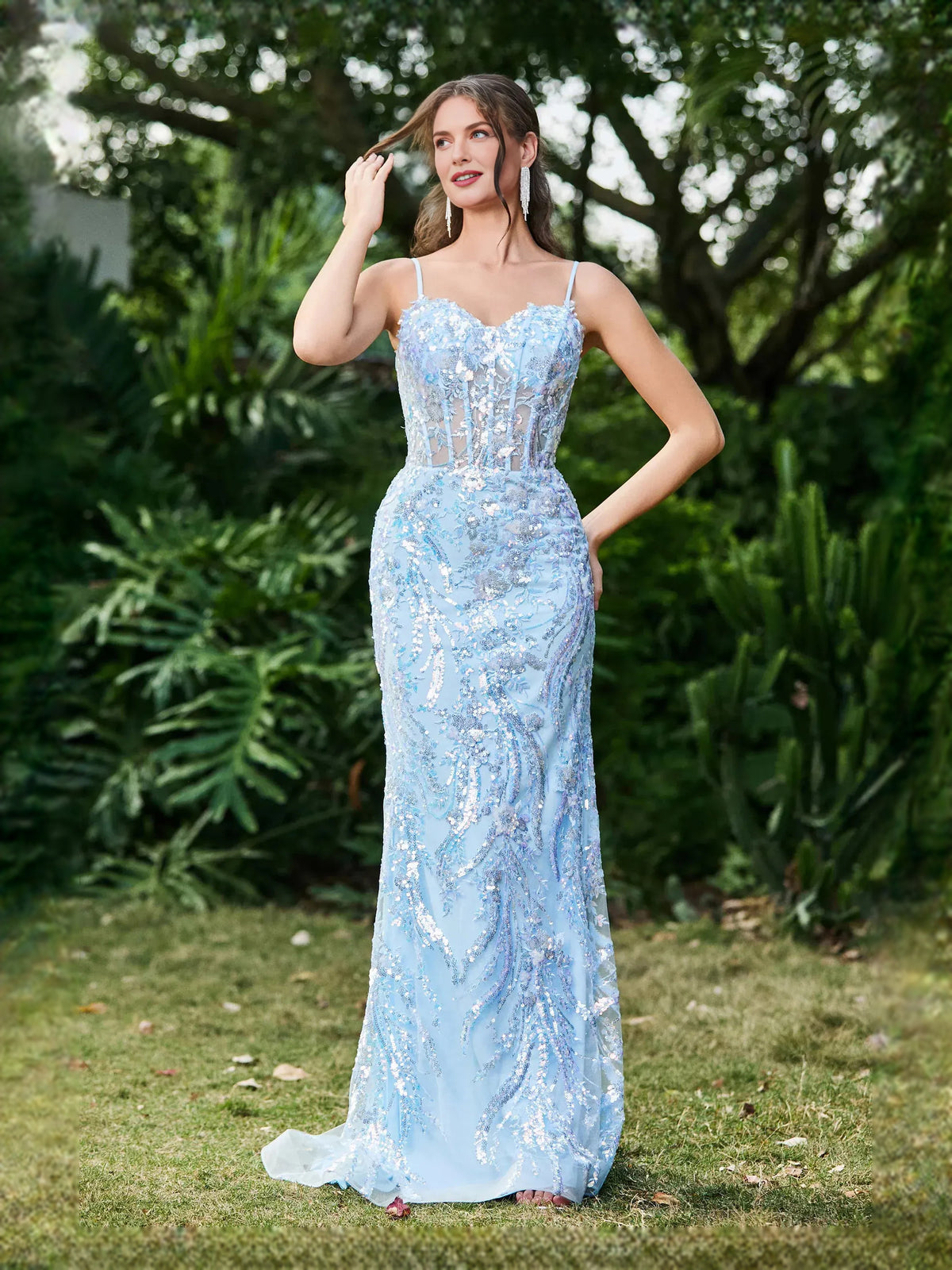 Light Blue floor-length prom dress, front view showing the mermaid silhouette