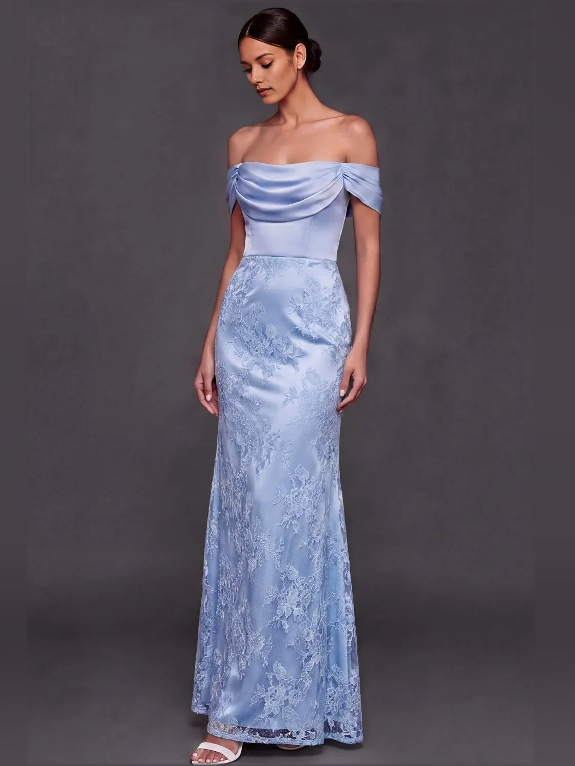 Light Blue maxi bridesmaid dress, front view showing the mermaid silhouette
