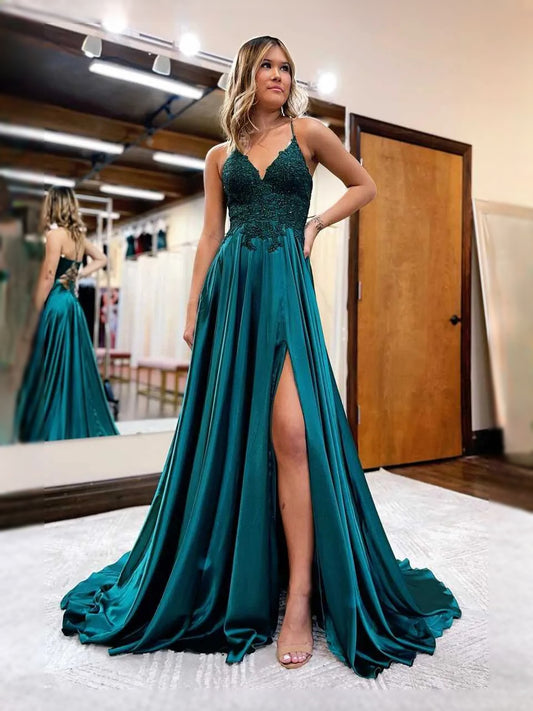 Emerald Green maxi prom dress, front view showing the a-line silhouette