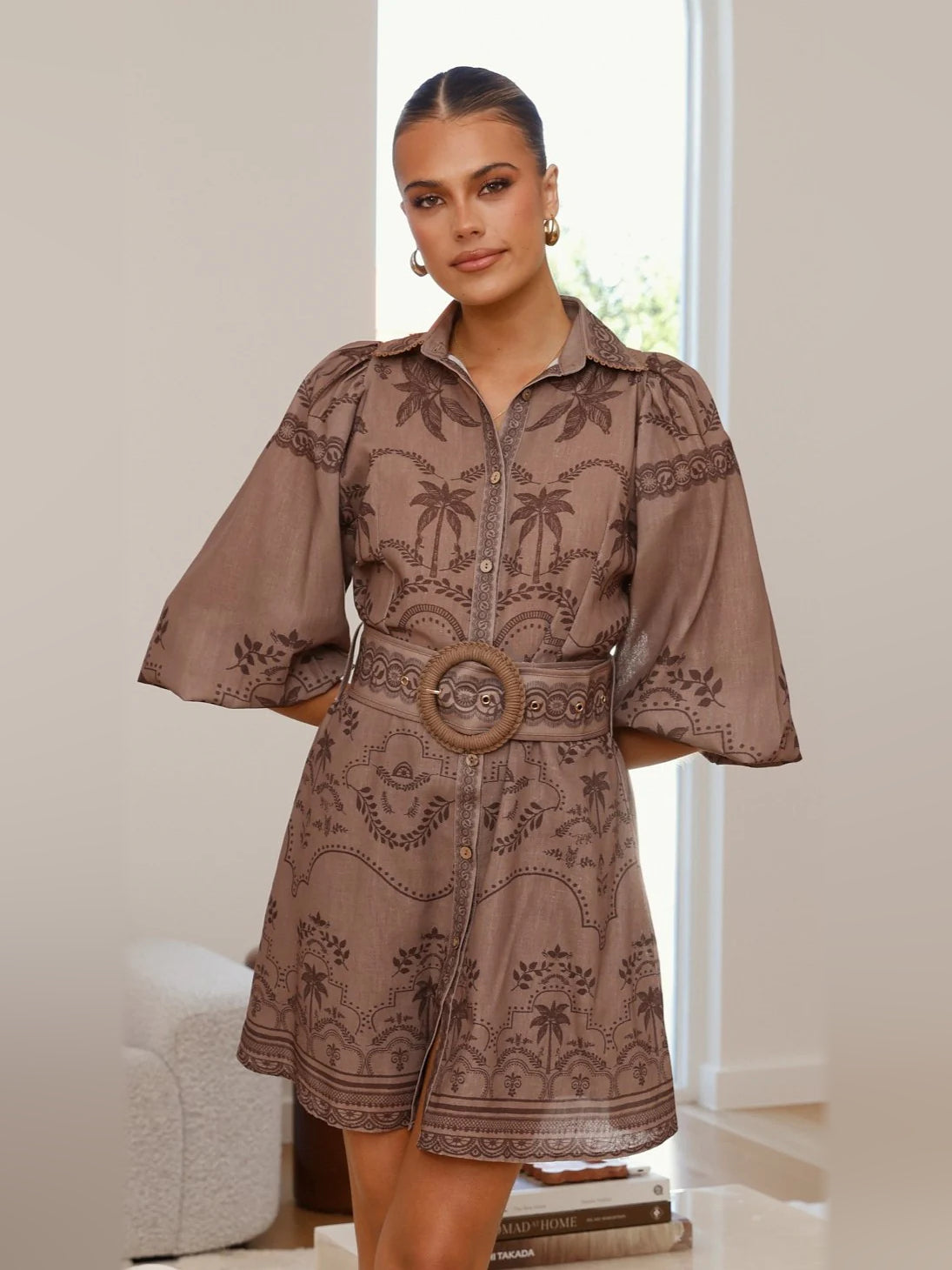Espresso mini homecoming dress, front view showing the silhouette