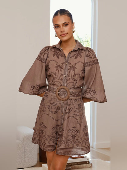 Espresso mini homecoming dress, front view showing the silhouette