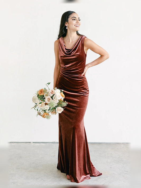 Terracotta floor-length bridesmaid dress, front view showing the mermaid silhouette