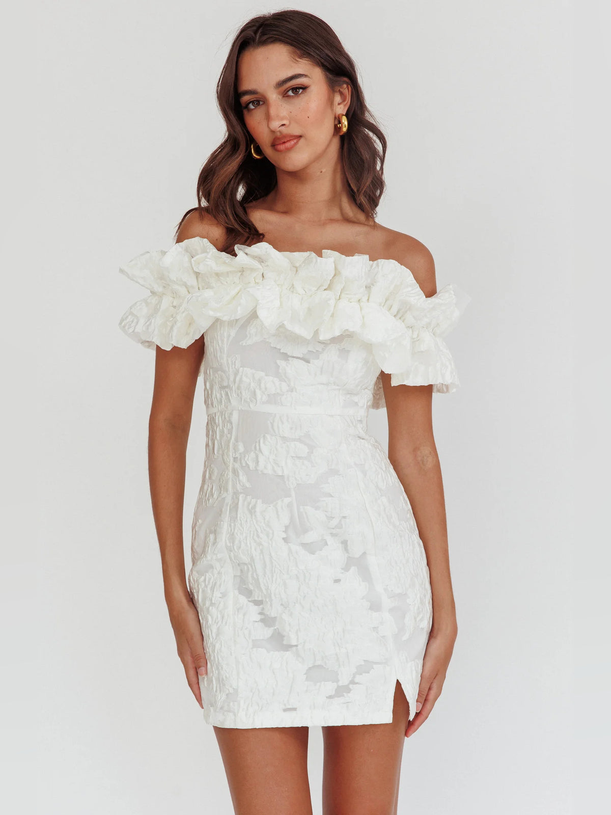 White mini homecoming dress, front view showing the silhouette