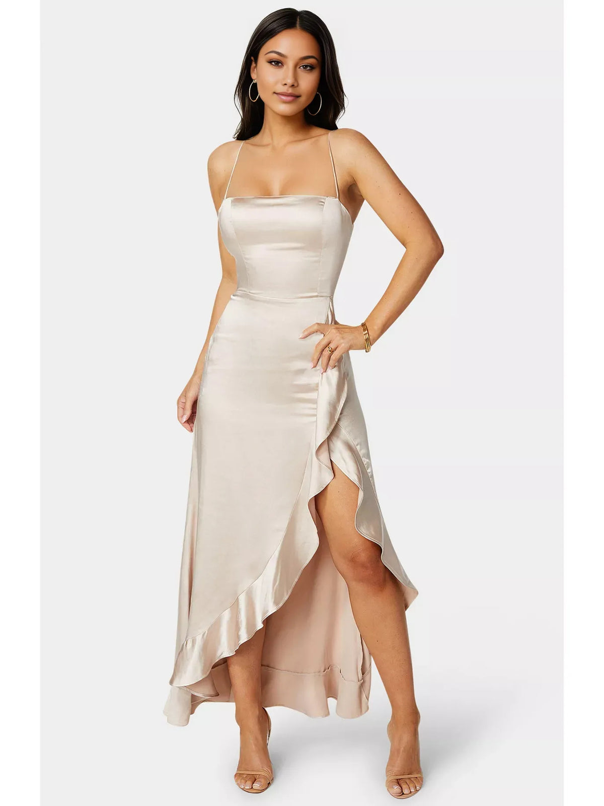 Cream sheath floor-length formal dress with cowl neckline, full-length front view