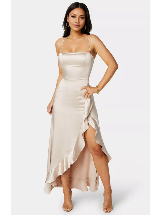 Cream sheath floor-length formal dress with cowl neckline, full-length front view
