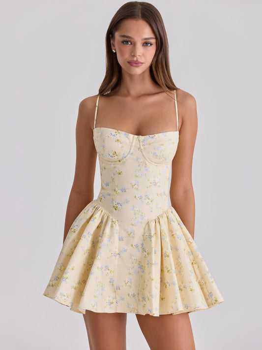 Floral mini homecoming dress, front view showing the silhouette