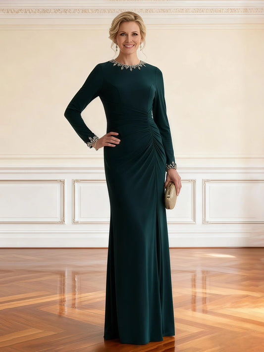 Dark Green floor-length mother of the bride dress, front view showing the sheath silhouette