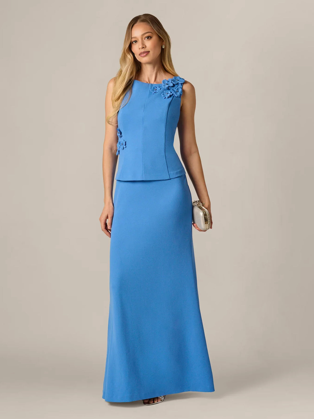 Blue maxi mother of the bride dress, front view showing the mermaid silhouette