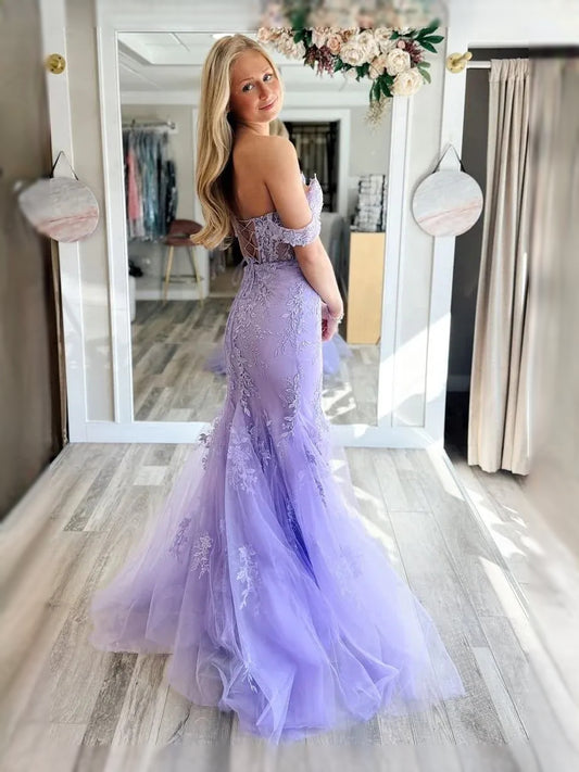 Lavender maxi prom dress, front view showing the mermaid silhouette