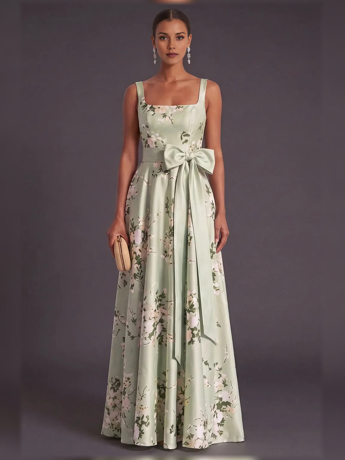 Floral a-line floor-length formal dress with square neckline, full-length front view