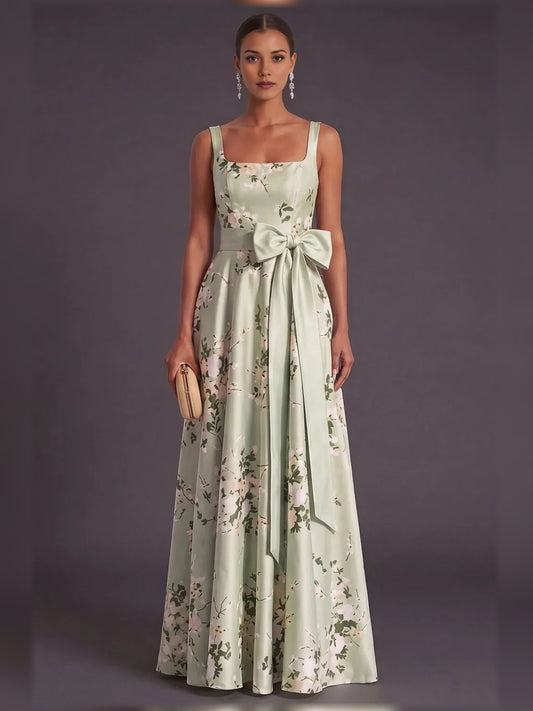Floral a-line floor-length formal dress with square neckline, full-length front view