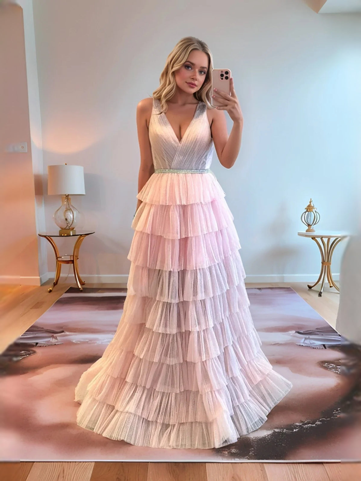 Pink floor-length prom dress, front view showing the a-line silhouette