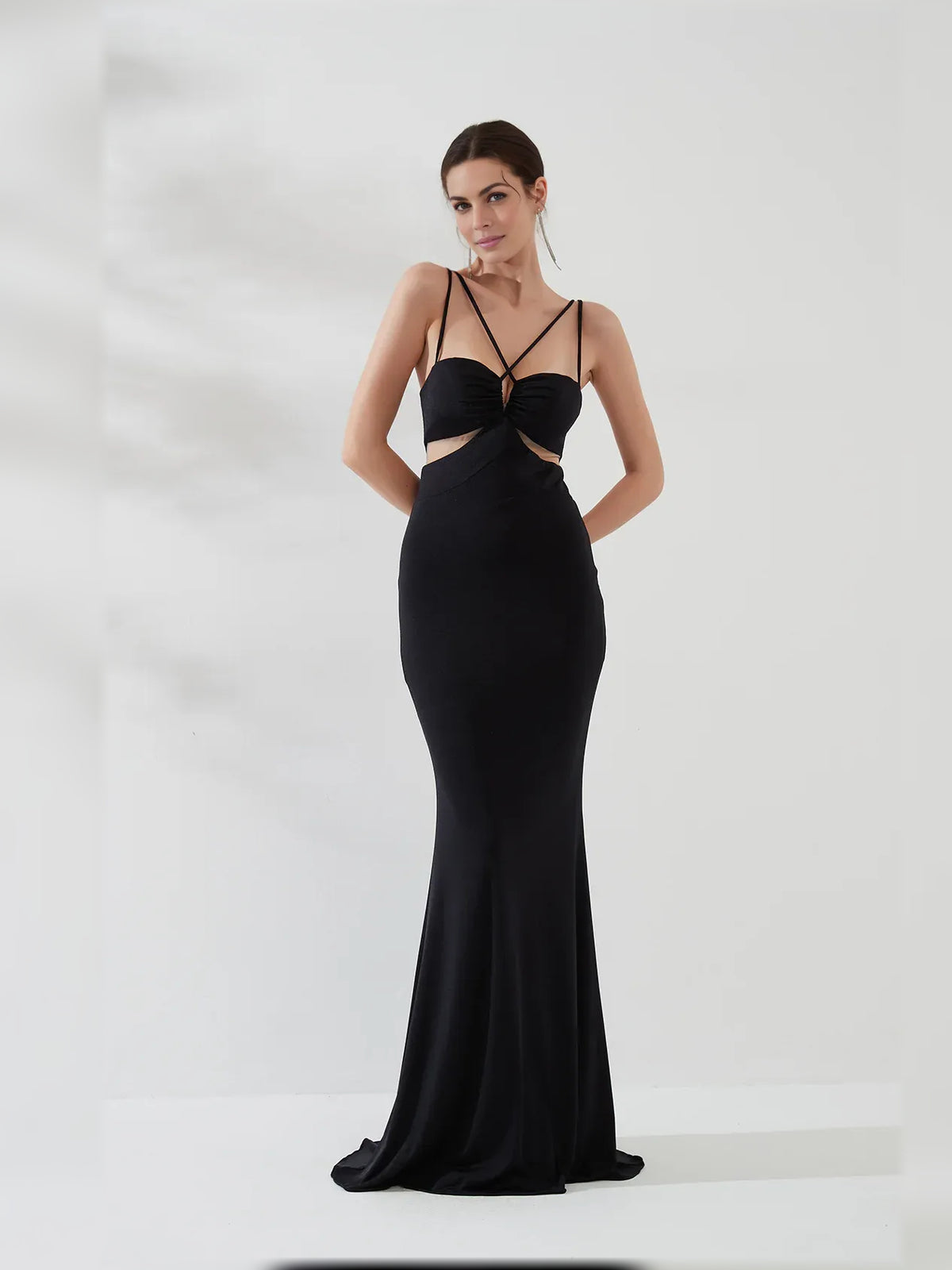 Black mermaid floor-length formal dress with sweetheart neckline, full-length front view