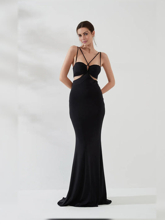 Black mermaid floor-length formal dress with sweetheart neckline, full-length front view