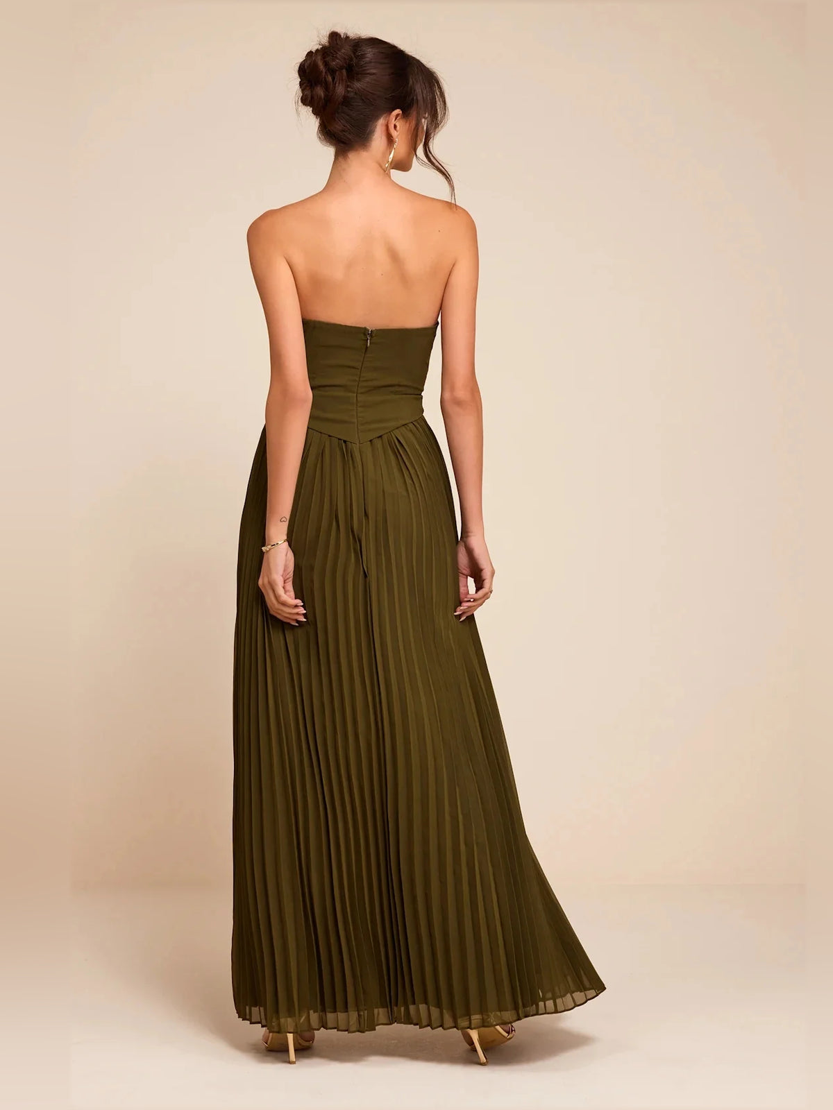Olive Green maxi bridesmaid dress, front view showing the a-line silhouette