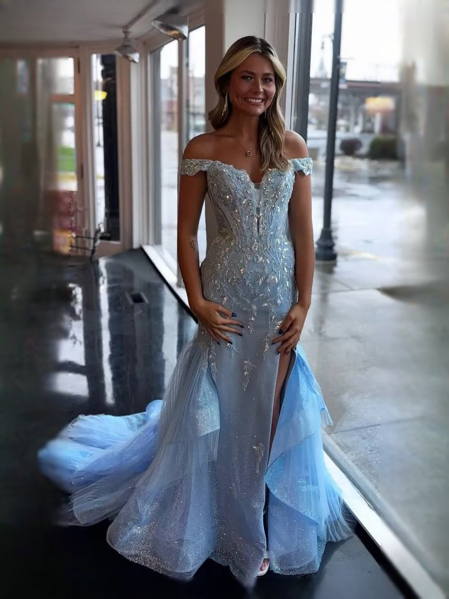 Light Blue floor-length prom dress, front view showing the mermaid silhouette