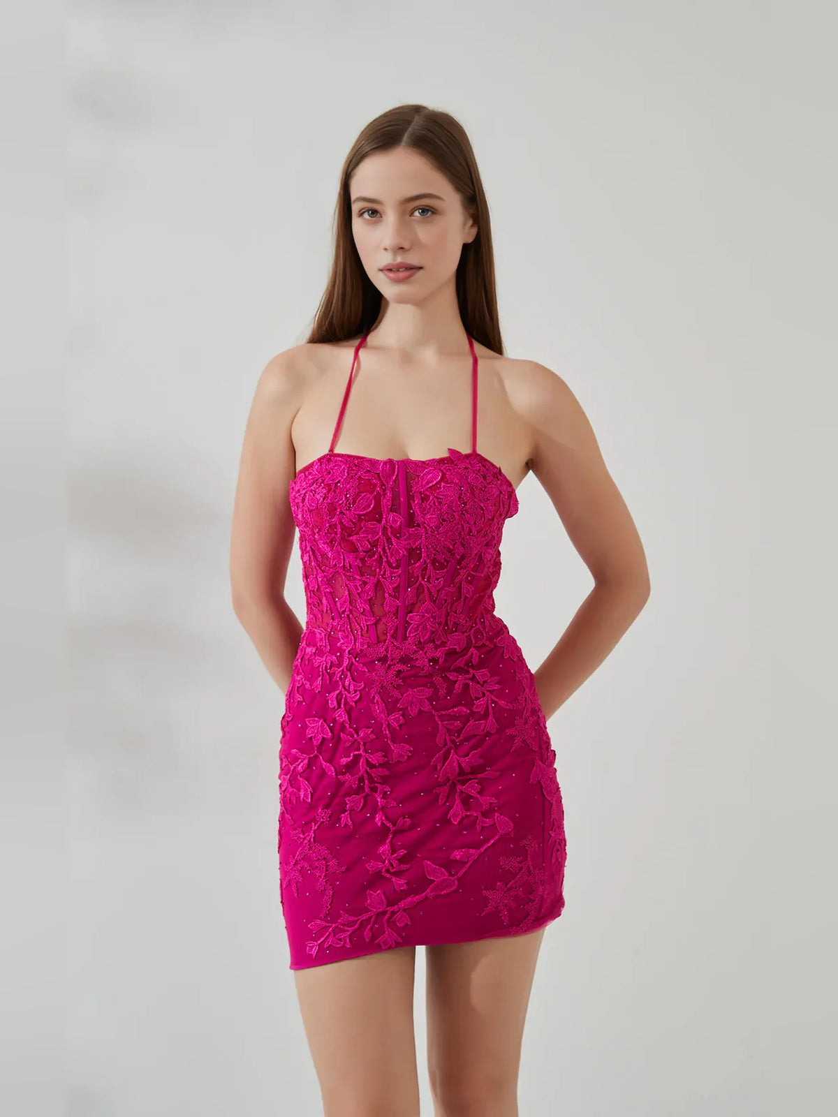 Fuchsia mini homecoming dress, alternate view showing the full-length silhouette
