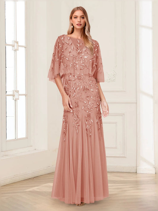 Dusty Rose floor-length mother of the bride dress, front view showing the mermaid silhouette