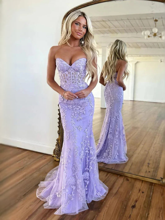Lavender floor-length prom dress, front view showing the mermaid silhouette