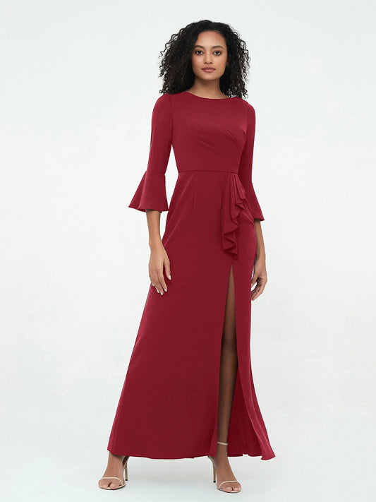 Burgundy column floor-length formal dress with ruffle details, full-length front view