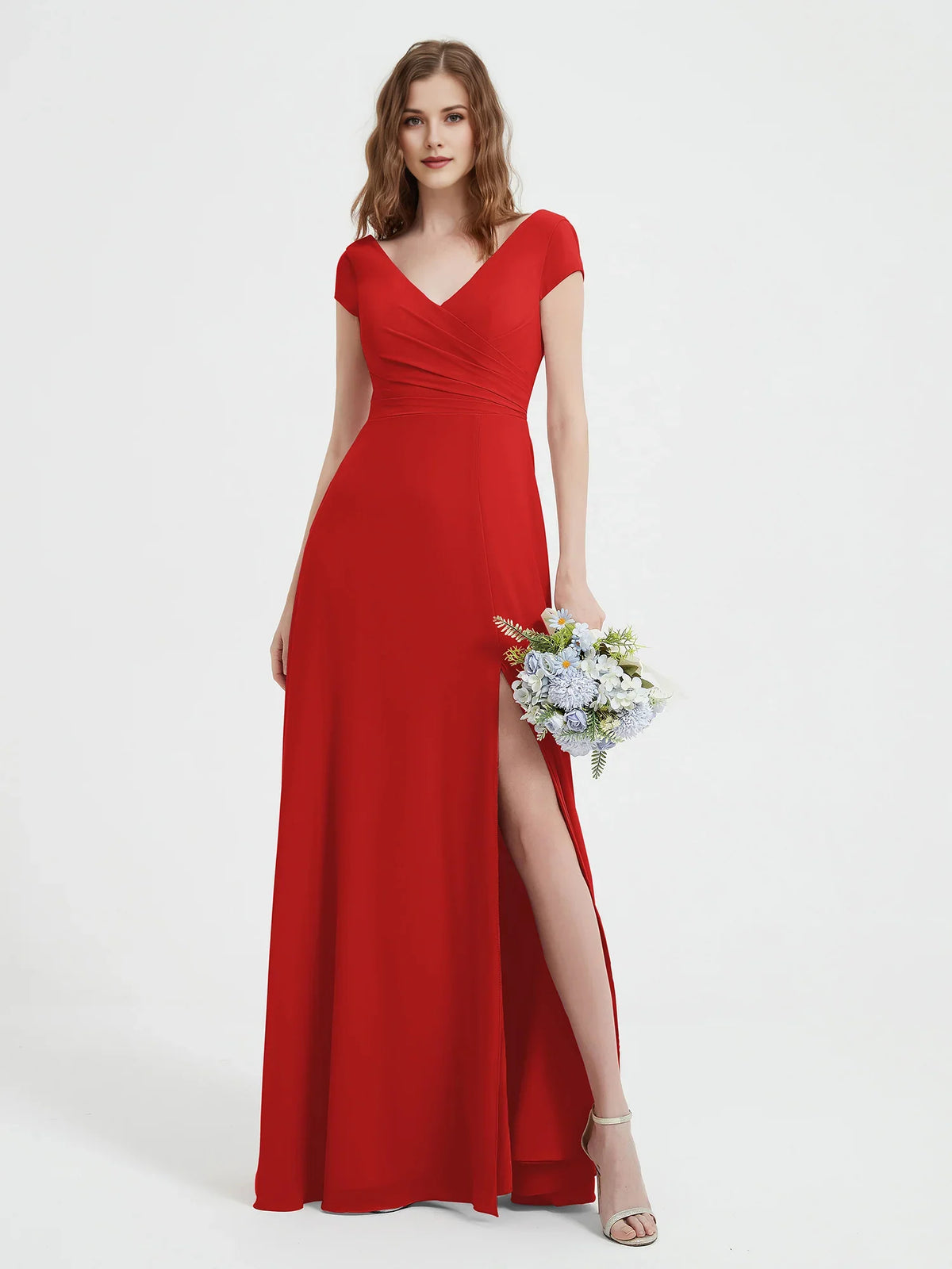 Blush Pink maxi bridesmaid dress, front view showing the a-line silhouette