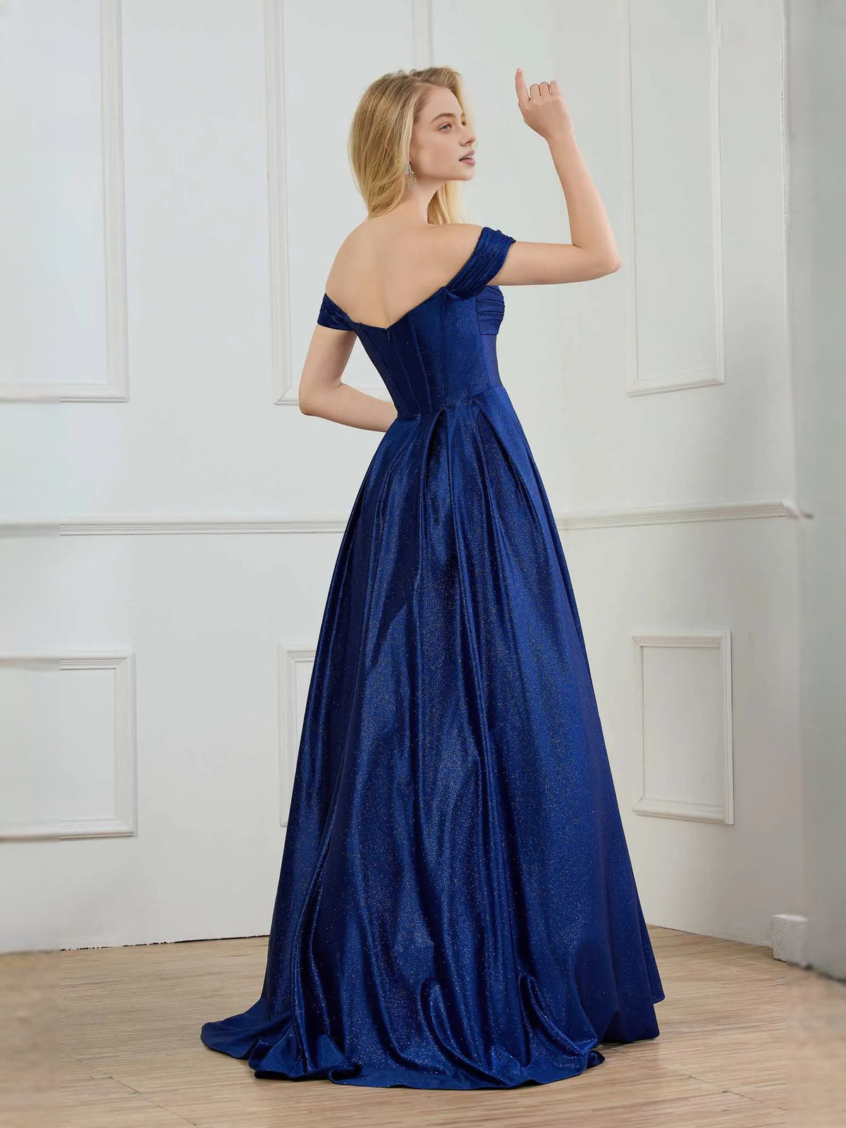 Royal Blue floor-length prom dress, front view showing the a-line silhouette