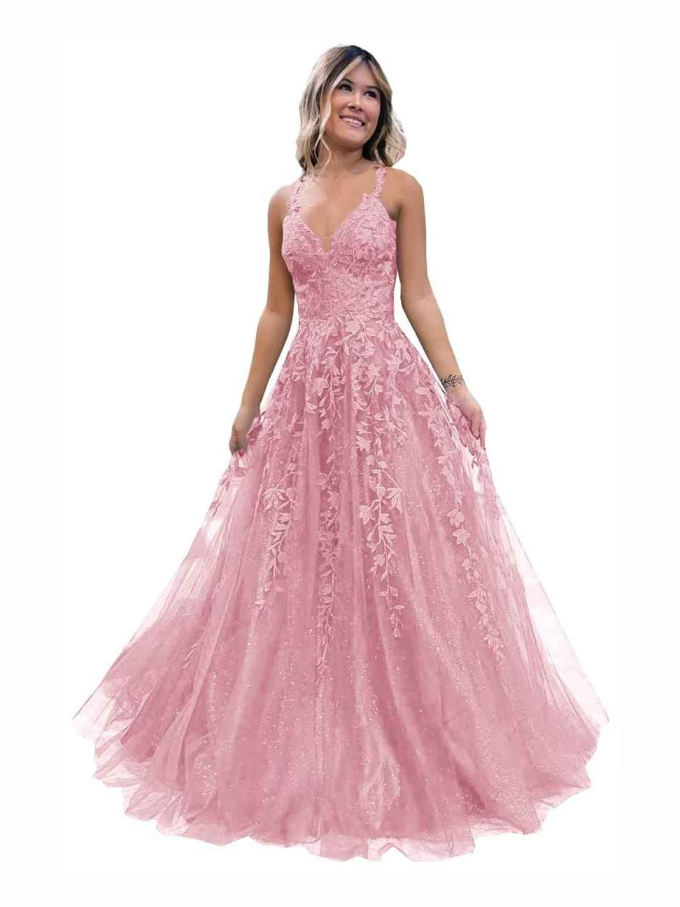 Dusty Rose floor-length prom dress, front view showing the a-line silhouette