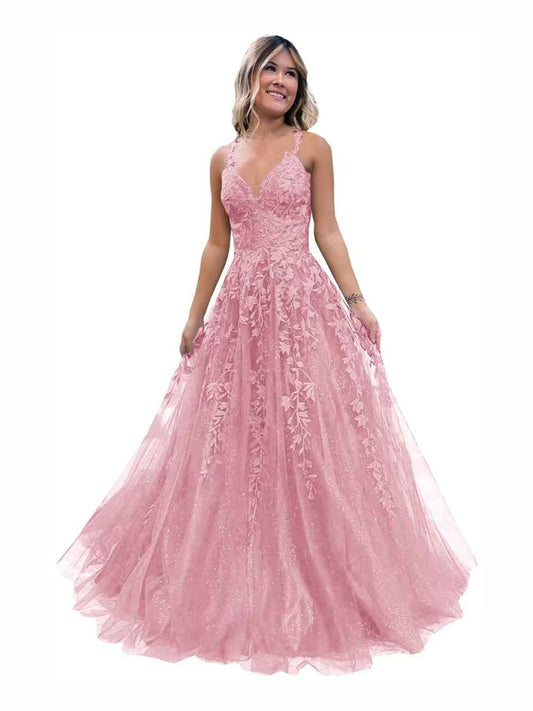 Dusty Rose floor-length prom dress, front view showing the a-line silhouette
