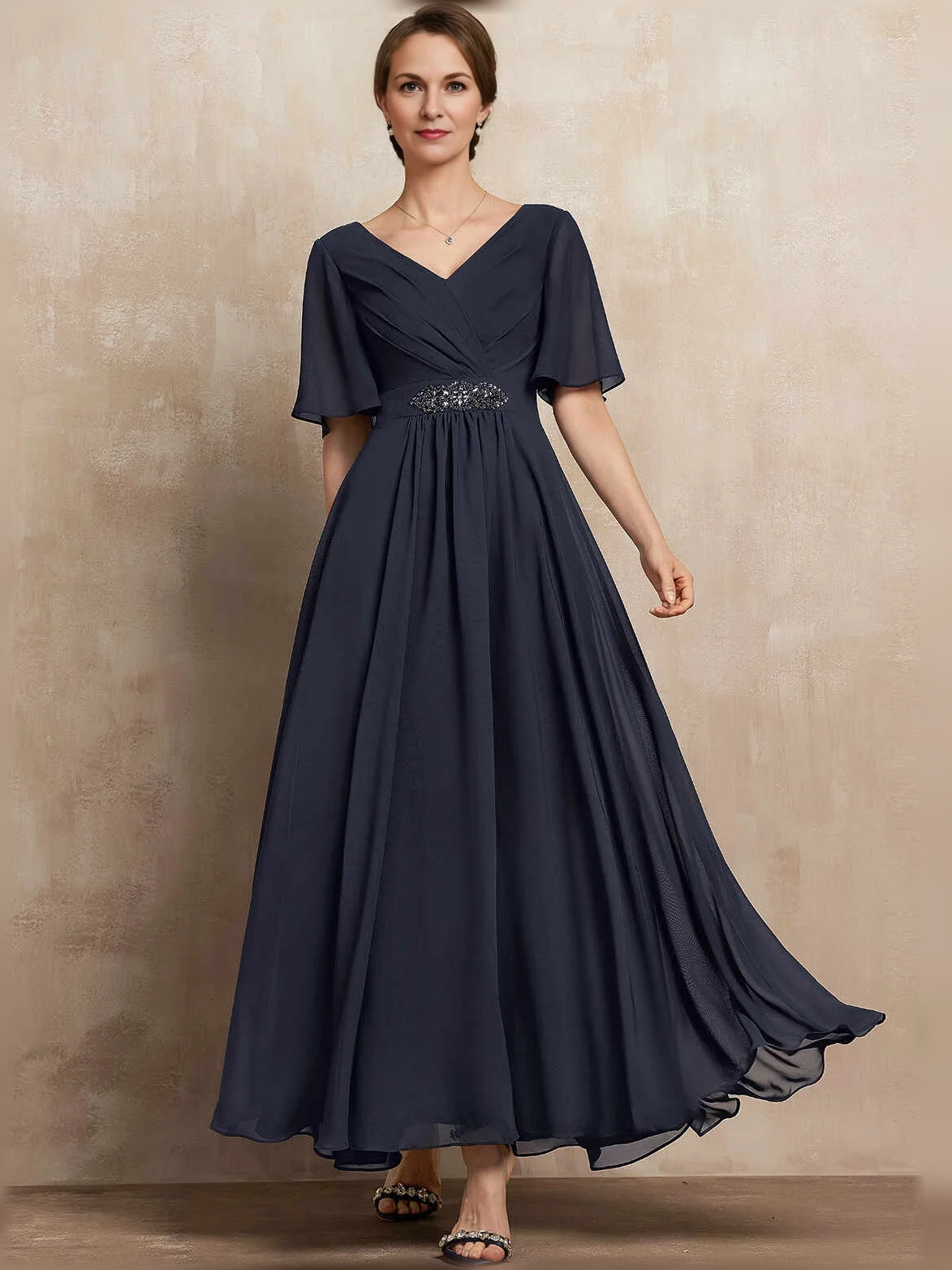 Dark Navy maxi mother of the bride dress, front view showing the a-line silhouette