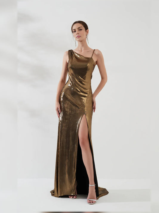 Gold mermaid floor-length formal dress with one-shoulder neckline, full-length front view