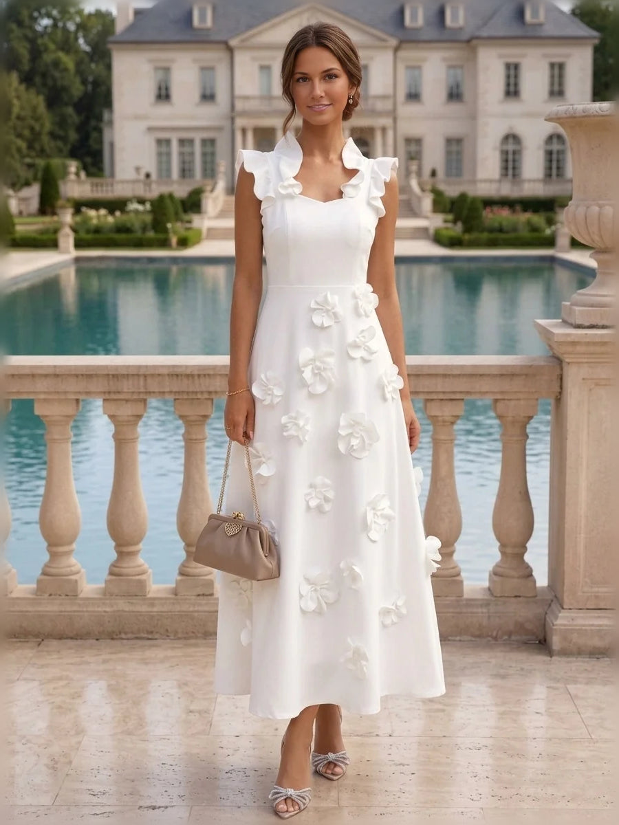 Ivory white midi mother of the bride dress, front view showing the a-line silhouette