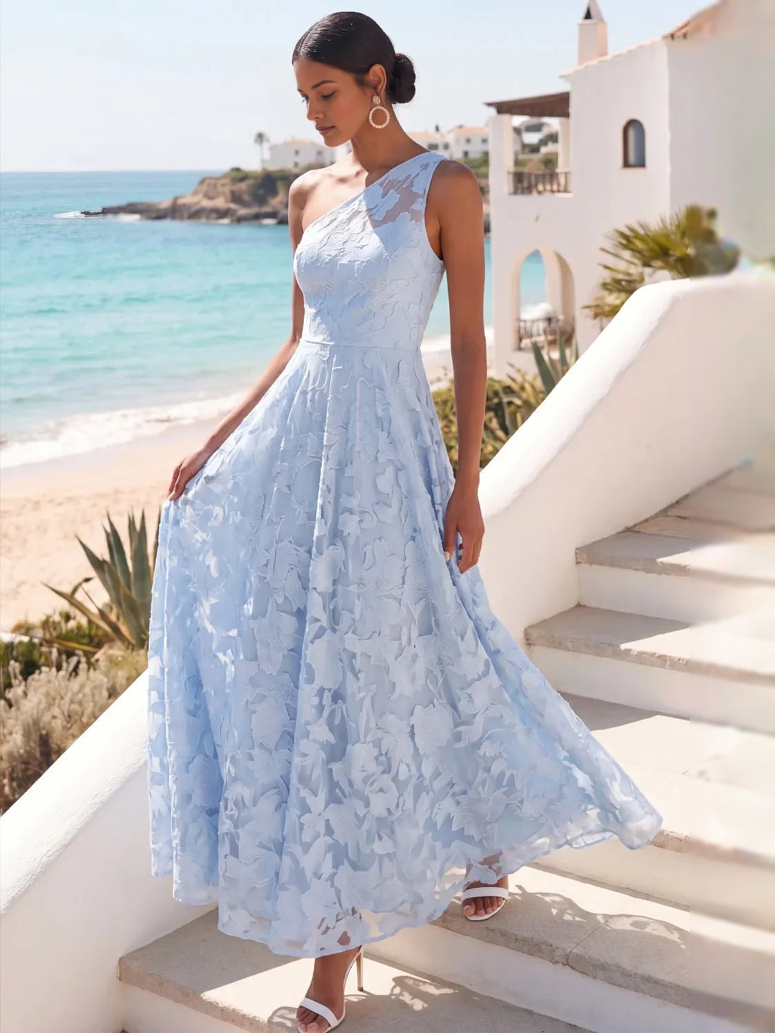 Light Blue maxi bridesmaid dress, front view showing the a-line silhouette